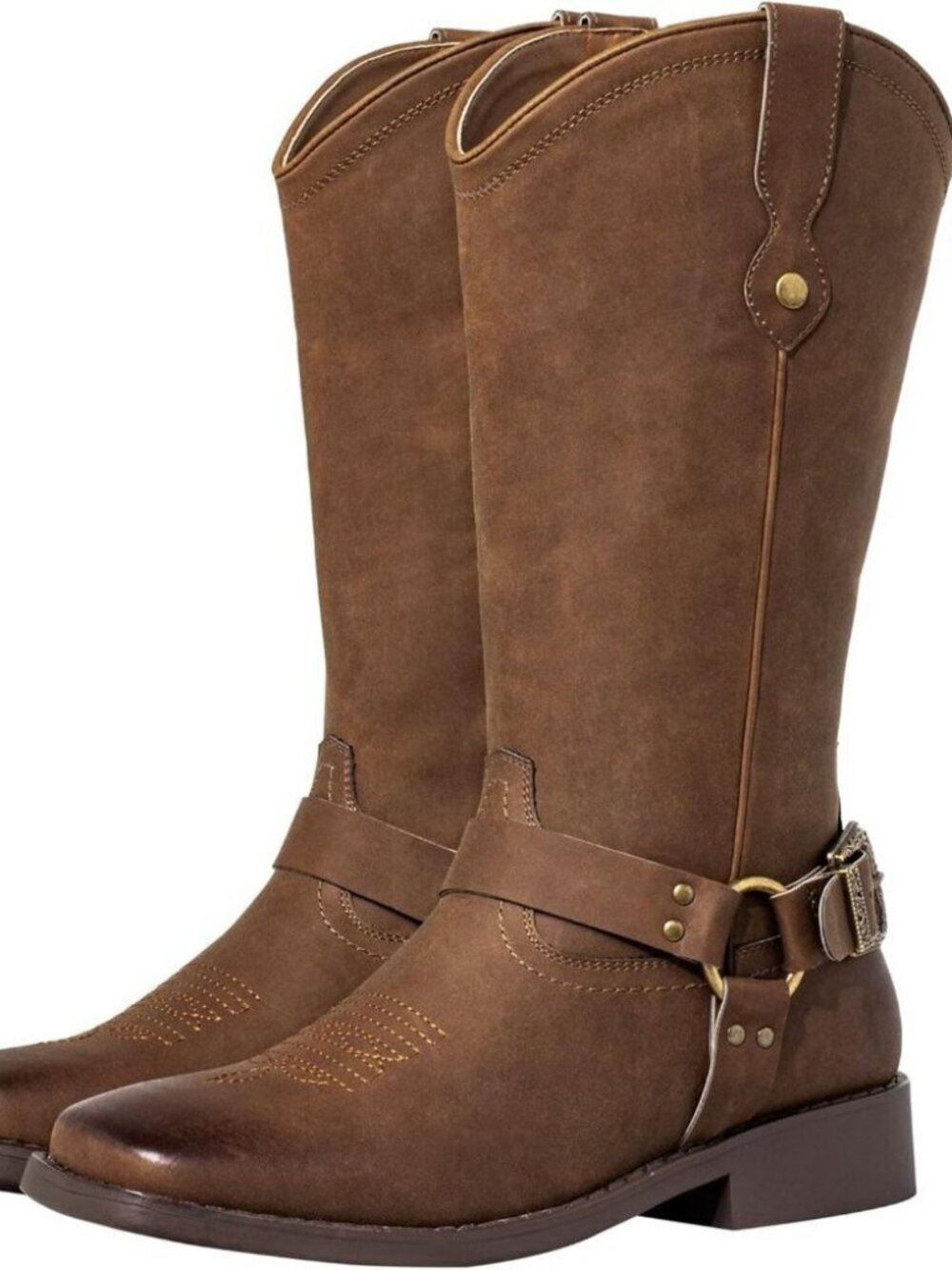 Women's Brown Buckle Strap Wide Calf Square Toe Western Riding Cowgirl Boots
